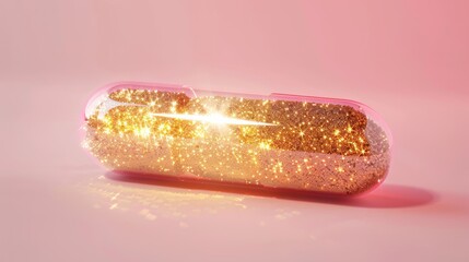 Glowing golden glitter capsule on pink background