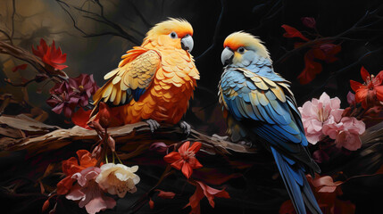 A pair of playful Lovebirds engaged in a charming interaction, their vibrant plumage creating a kaleidoscope of colors against a backdrop of wildflowers.