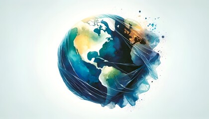 Watercolor illustration for earth day with earth in plastic wrap.