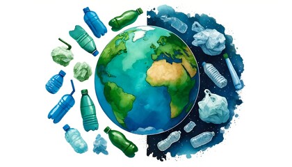 Earth day poster in watercolor style with planet earth against the threat of plastics. - obrazy, fototapety, plakaty