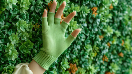 hand in a green glove against a background of a wall of bright green plants, concept World Green Week, copy space