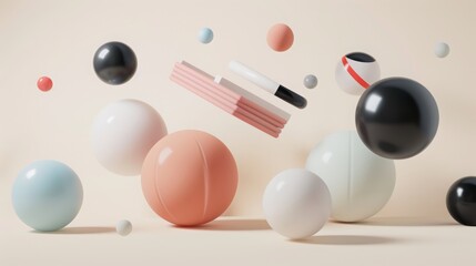 3D render of multiple different sized and shaped matte plastic minimalistic objects in different shapes floating in space, rigid body, all pastel colors with some black accents on a light background