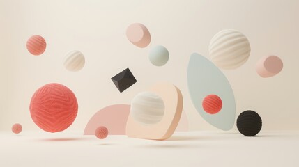 3D render of multiple different sized and shaped matte plastic minimalistic objects in different shapes floating in space, rigid body, all pastel colors with some black accents on a light background