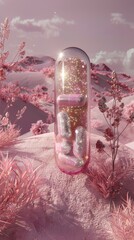 Surreal pink landscape with glitter-filled capsule