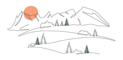 Mountain landscape with fir trees. Illustration in one continuous line with colored elements. Minimalistic hand drawing. Sun over mountains. Single line panoramic sketch. Vector on white background.