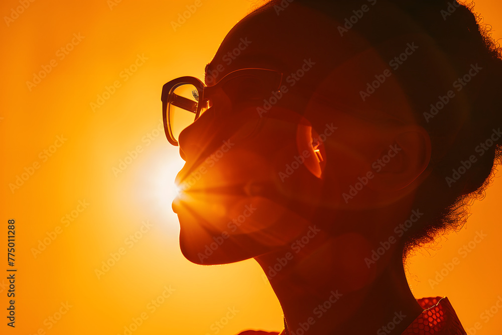 Sticker a silhouette of a person wearing glasses against a bright orange background with the sun shining through the lens of the person's head to the left of the image.