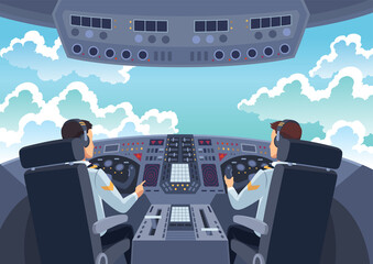 Airplane cockpit pilots. Back view of cabin crew flying airplane. Pilot and copilot inside cockpit during flight. cartoon illustration - obrazy, fototapety, plakaty