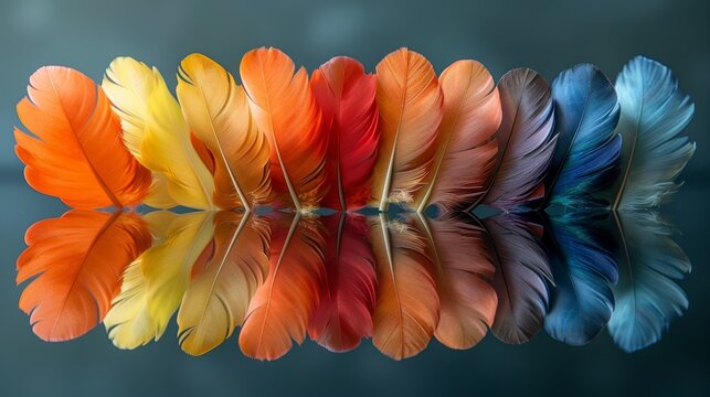 Array of colorful bird feathers