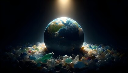 Planet earth with various discarded plastic for earth day celebration. - obrazy, fototapety, plakaty