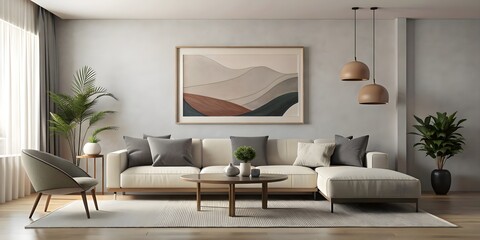 modern bright interiors 3 d rendering illustration empty white living room with modern sofa - obrazy, fototapety, plakaty