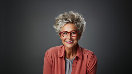 senior 50s white woman, smiling at camera, wearing red shirt and glasses, on gray background 
