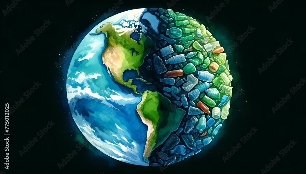 Wall mural watercolor poster illustration for earth day with one half of planet earth full of plastic waste.