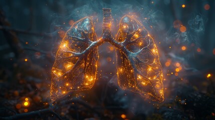 Illuminated lungs in a mystical forest setting - obrazy, fototapety, plakaty