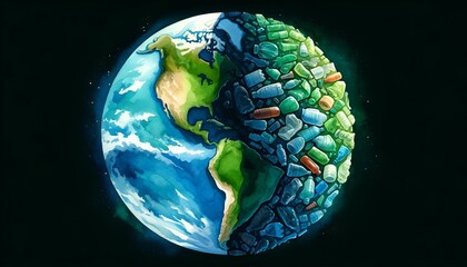 Watercolor poster illustration for earth day with one half of planet earth full of plastic waste.