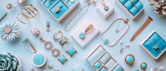 Simple and cute jewelry knolling, bright soft flat colors, neat and tidy arrangement, pleasing to the eye