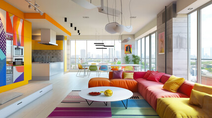 Modern apartment design in bright cheerful colors in style naivety and infantilism. Creative home interior concept. - obrazy, fototapety, plakaty