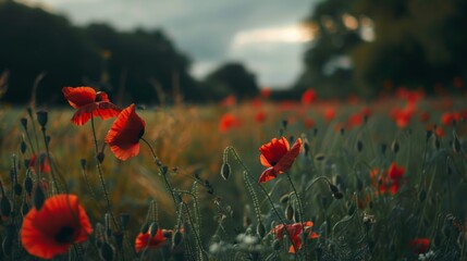 Picturesque Red Poppies in Summer Meadow