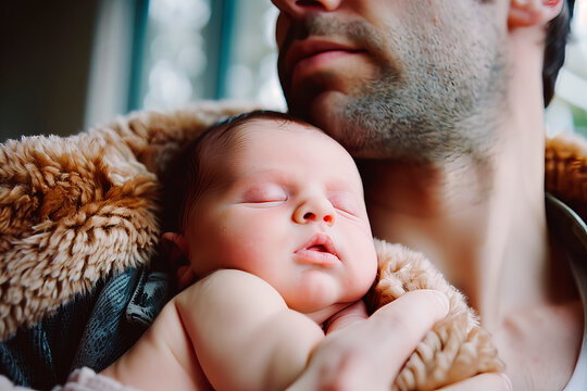 Tender Moment of a Father Holding His Sleeping Infant, Depicting Love and Bond