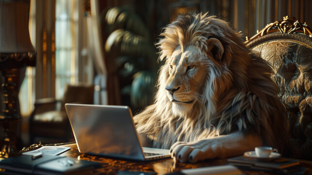 Lion using a computer in an elegant room