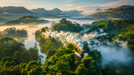 Scenic railway journey through lush green landscapes, evoking the allure of travel and exploration in nature