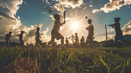 The dreams and aspirations of young baseball players as they practice on a neighborhood field. Photograph a group of children playing catch, swinging bats, and running bases with joy and determination - obrazy, fototapety, plakaty