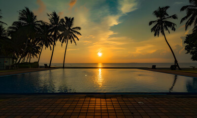 sunset and sea view form swimming pool in front of the beach - 775013419