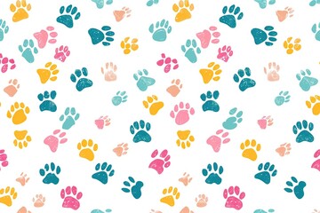 Colorful pet paw pattern wallpaper. Animal background with cat paws. 