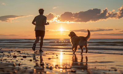 young man jogging on the beach with a golden retriever dog in silhouette at the sunset time. peace full beach sunset time vibe - 775013464