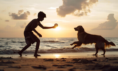 young man playing on the beach with a golden retriever dog in silhouette at the sunset time. peace full beach sunset time vibe - 775013468