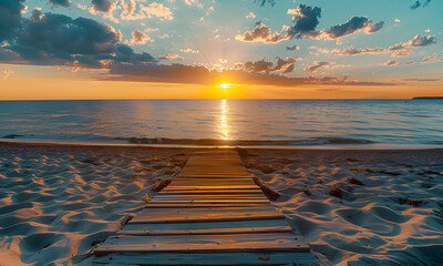 Sunset time at the beach with a long wooden walkway leads down to the sea. - 775013469