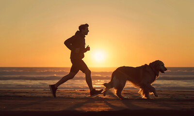 young man jogging on the beach with a golden retriever dog in silhouette at the sunset time. peace full beach sunset time vibe - 775013490