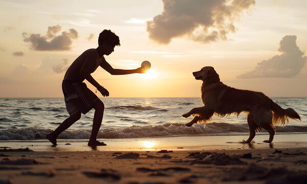 young man playing on the beach with a golden retriever dog in silhouette at the sunset time. peace full beach sunset time vibe