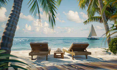 Sea view and wooden beachside bed on the beach with sail on the sea.  - 775013624