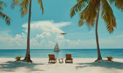 Sea view and wooden beachside bed on the beach. Sail on the sea and airplane on the sky. - 775013626