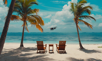 Sea view and wooden beachside bed on the beach with airplane in the sky. 