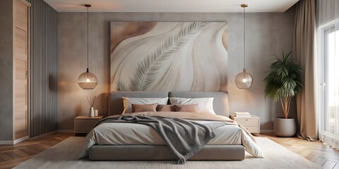 modern interior with a wooden bed, a window, a large window with a large bed and an evening lamp, a wooden frame with a wooden