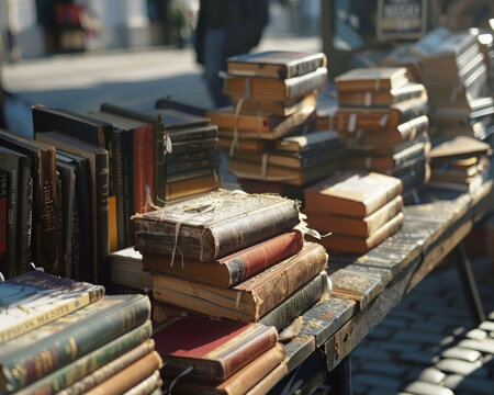 A table full of books. Antique bookstore displaying old books on the street