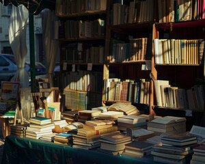 A table full of books is in front of a building. The books are arranged in stacks and are of...