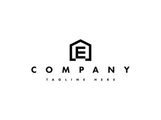 letter E house real estate line logo design