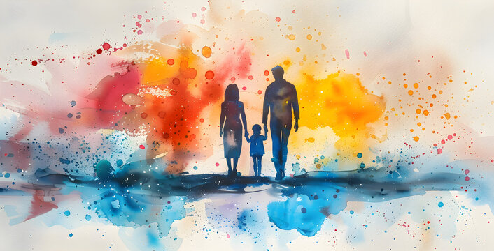 A joyful family portrayed in watercolor style, capturing the bond and happiness among parents and children. Suitable for family-related content, vacation promotions, and art appreciation.