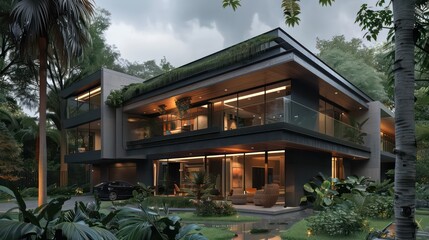 Modern two-story house with wooden cladding and bright metal accents, with the backdrop of trees in summer. The front facade features large windows overlooking an open courtyard with bushes.