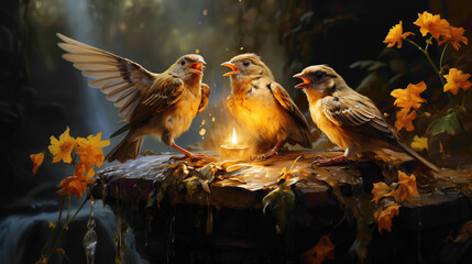 A charming group of sparrows gathered around a bird feeder, creating a lively scene of chirping and flapping wings. - obrazy, fototapety, plakaty