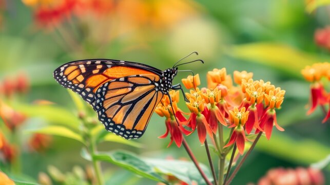 Close-Up View of Butterfly on Orange Milkweed Flower HD