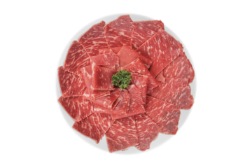 A close up detailed image of sliced Japanese wagyu beef in a ceramic plate prepared for Shabu Shab