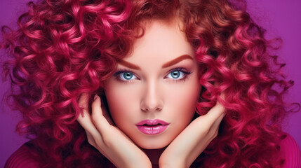 Beauty redhead girl with long and shiny wavy red hair. Beautiful woman model with curly hairstyle .