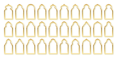 Islamic frames, oriental style. Golden arabic shapes, windows and arches. Traditional ornamental banner, frame. Muslim holidays, Ramadan Kareem. Modern eastern architecture. Vector illustration