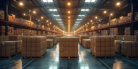 Busy ecommerce warehouse with stacked packages highlighting importance of warehouses in digital retail era. Concept Ecommerce Warehousing, Stacked Packages, Digital Retail, Supply Chain Management - obrazy, fototapety, plakaty