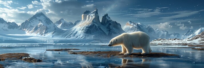 Majestic polar bear roaming arctic ice with snowy mountains in moonlit photorealistic scene - obrazy, fototapety, plakaty