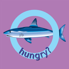 Vector illustration with a shark swimming through a circle. The inscription on the circle: 