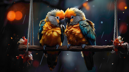 A pair of fuzzy lovebirds sharing a tender moment on a swing, their plumage creating a delightful splash of color. - obrazy, fototapety, plakaty